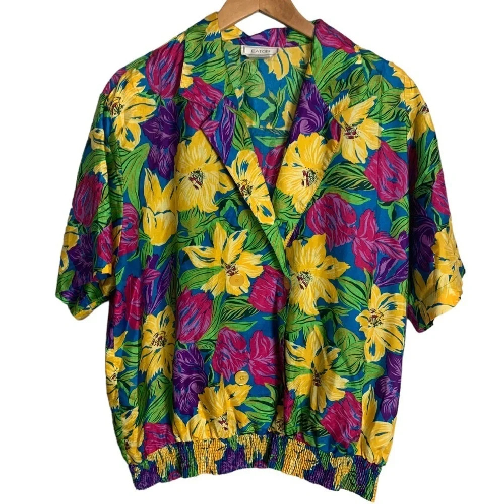 Vintage  Eaton Hawaiian Blouse Size 2X 100% Polyester Floral Colourful Casual